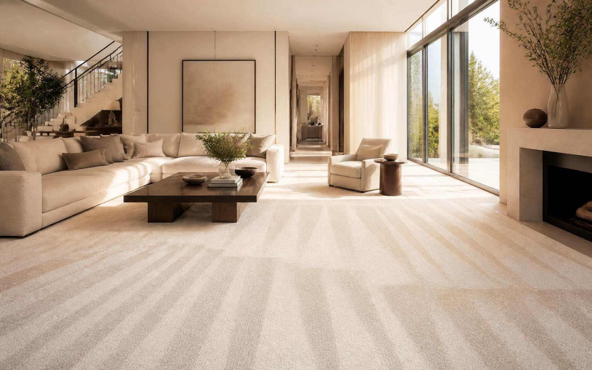 Freshly cleaned cream carpet with vacuum lines in a sunlit luxury living room